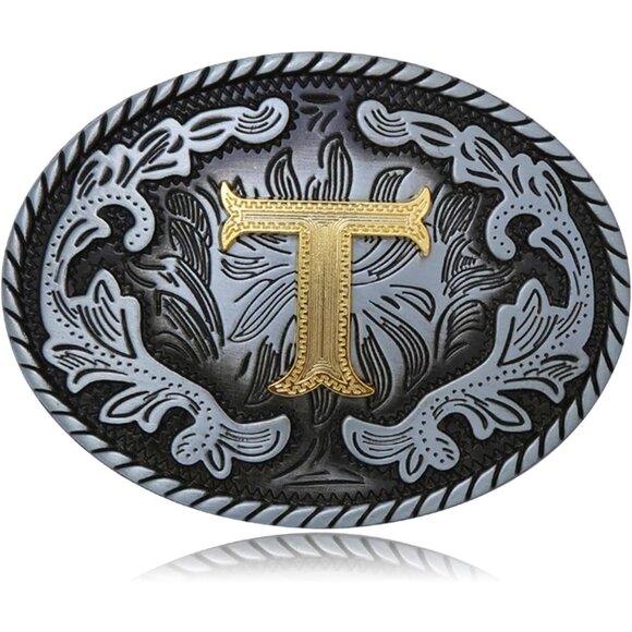 Men's Blue/Black Standard Western Cowboy Initial Letter T Oval Belt Buckle - Picture 1 of 6